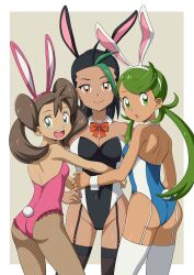  3girls :d animal_ears ass black_hair black_leotard bow bowtie breasts brown_hair closed_mouth commentary detached_collar eyelashes fake_animal_ears fishnet_pantyhose fishnets garter_straps green_eyes green_hair hairband hand_on_another's_waist highres leotard long_hair looking_at_viewer mallow_(pokemon) multiple_girls nantesui nemona_(pokemon) open_mouth orange_eyes pantyhose pink_leotard playboy_bunny pokemon pokemon_scarlet_and_violet pokemon_sun_and_moon pokemon_x_and_y rabbit_ears rabbit_tail shauna_(pokemon) smile tail teeth thighhighs twintails upper_teeth_only white_thighhighs 