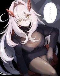  ... alternate_costume black_skirt breasts brown_pantyhose closed_mouth commentary_request crossed_legs expressionless eye_hair_ornament eyes_visible_through_hair female from_above genshin_impact grey_hair hair_between_eyes hair_intakes heiwaninetaina highres large_breasts long_hair long_sleeves looking_at_viewer looking_up office_lady pantyhose pencil_skirt ronova_(genshin_impact) sitting skirt solo spoken_ellipsis very_long_hair yellow_eyes 