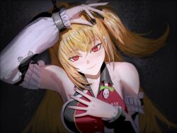  absurdres armpits bare_shoulders black_ribbon blonde_hair breasts cissia_(zenless_zone_zero) commentary detached_sleeves female hair_ornament hair_ribbon highres large_breasts long_hair looking_at_viewer manyuuu nail_polish one_side_up pink_nails red_eyes ribbon smile snake_hair_ornament solo upper_body zenless_zone_zero 