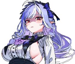  ascot black_hairband blue_bow blush bow bowtie breasts brooch center_frills closed_mouth colored_inner_hair commentary_request disgust drill_hair female frilled_hairband frills gem grey_streaks hair_intakes hairband hairbow jewelry korean_commentary long_hair long_sleeves looking_at_viewer mole mole_under_eye multicolored_hair pointy_ears purple_ascot purple_bow purple_bowtie purple_gem purple_hair sexyping shaded_face shirt sideboob sideboob_cutout sidelocks simple_background solo streaked_hair upper_body vivian_banshee white_background white_shirt zenless_zone_zero 