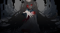  absurdres ami_b1196260828 arm_at_side atri atri-my_dear_moments- black_ribbon blood blood_on_clothes blood_on_face blue_sailor_collar bright_pupils brown_hair chinese_commentary closed_mouth colored_eyelashes commentary_request cowboy_shot dark dark_persona dress expressionless eyelashes female floating_hair glowing glowing_eye grey_background hair_between_eyes hair_ribbon highres long_hair long_sleeves looking_at_viewer neckerchief outstretched_arm outstretched_hand reaching reaching_towards_viewer red_eyes red_neckerchief ribbon sailor_collar sailor_dress short_dress sidelocks simple_background solo two_side_up very_long_hair white_dress white_pupils 