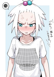  absurdres alternate_costume anger_vein aqua_eyes blush collarbone commentary_request female freckles hair_bobbles hair_ornament highres medium_hair parted_lips pokemon pokemon_black_2_and_white_2 print_shirt roxie_(pokemon) shirt short_sleeves solo spoken_squiggle squiggle sweat t-shirt topknot translation_request upper_body white_hair white_shirt zonbi_no_mokushiroku 