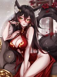  absurdres alternate_costume animal_ear_fluff animal_ears black_tail breasts brown_hair chinese_clothes cleavage closed_mouth commentary cowlick dress female fingernails fox_ears fox_girl fox_tail gradient_hair green_eyes hair_between_eyes hand_in_own_hair hand_up highres honkai:_star_rail honkai_(series) large_breasts leaning_forward lips long_hair miuq_chan multicolored_hair nail_polish qipao red_dress red_hair red_nails sleeveless sleeveless_dress solo tail tingyun_(honkai:_star_rail) very_long_hair 