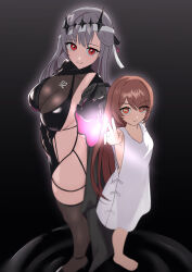  +_+ 2girls absurdres bandaged_head bandages black_crown black_dress black_gloves black_tiara breasts brown_hair cleavage crown dress gloves goddess_of_victory:_nikke grey_hair highres hospital_gown jusedal large_breasts long_hair long_sleeves looking_at_viewer modernia_(nikke) modernia_(second_affection)_(nikke) multiple_girls official_alternate_costume only_one_(nikke) red_eyes see-through_cleavage see-through_clothes shiny_eyes sideless_dress smile symbol-shaped_pupils tiara very_long_hair white_gown 