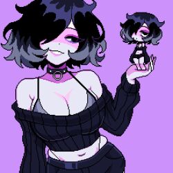  2girls armpit_crease bags_under_eyes black_eyes black_hair bra breasts choker cleavage commentary dot_nose dual_persona eyeshadow gradient_hair grey_hair grin hair_over_one_eye highres holding holding_mini_person large_breasts leaning_to_the_side liz_(rottenliz) looking_at_another looking_at_viewer looking_to_the_side makeup midriff mini_person multicolored_hair multiple_girls navel off-shoulder_sweater off_shoulder original pixel_art purple_background purple_eyeshadow rottenliz short_hair simple_background smile sweater thong underwear 