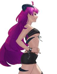  absurdres antenna_hair ass bandeau black_bandeau black_nails black_panties black_shorts breasts broken broken_chain broken_handcuffs chained_wrists chains clenched_teeth commentary_request cowboy_shot demon_girl demon_horns female from_side front-tie_bandeau highleg highleg_panties highres horns kishirika_kishirisu long_hair medium_breasts mushoku_tensei nail_polish oliverchen_99 panties panty_straps profile purple_eyes purple_hair sharp_teeth short_shorts shorts simple_background solo string_panties teeth underwear white_background 