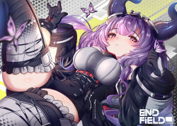  absurdres arknights arknights:_endfield bare_shoulders black_gloves black_horns blush breasts bug butterfly commentary_request covered_navel detached_sleeves female gloves hairband highres holding holding_lantern horns kappaako lantern large_breasts long_hair long_sleeves looking_at_viewer pink_eyes purple_hair solo thighhighs thighs typhoeus_(arknights) typhon_(arknights) 