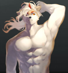  1boy abs absurdres animal_ears arknights arm_up armpits bara commentary dog_ears furry furry_male highres horns hung_(arknights) komainu_boy looking_to_the_side male_focus muscular muscular_male navel nipples one_eye_closed pectorals pluto_(pu94_d1de4c) single_horn untranslatable_commentary upper_body 