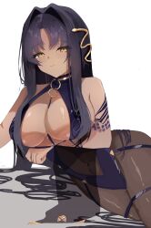  absurdres arm_under_breasts bare_shoulders black_dress blush bodystocking breasts center_opening chaos_zero_nightmare cleavage collarbone covered_navel dark-skinned_female dark_skin dress female hair_ornament highres large_breasts licinia_(chaos_zero_nightmare) long_hair novembertimex revealing_clothes sideboob snake_hair_ornament solo very_long_hair yellow_eyes 