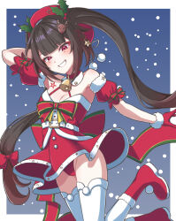  :d absurdres alternate_costume arm_behind_head bare_shoulders belt beret black_hair blunt_bangs blush boots border bow breasts christmas cleavage commentary detached_collar dress dress_bow dutch_angle female floating_hair foot_out_of_frame fur-trimmed_boots fur-trimmed_gloves fur_trim gloves grin groin hair_ornament hairbow hat highres honkai:_star_rail honkai_(series) keshikasu9 leaf_hair_ornament long_hair looking_at_viewer low-tied_long_hair mistletoe mistletoe_hair_ornament night outdoors outside_border panties pom_pom_(clothes) pom_pom_hair_ornament print_dress red_boots red_bow red_dress red_eyes red_gloves red_hat red_panties reindeer_hair_ornament santa_costume santa_dress short_dress sidelocks sleeveless sleeveless_dress small_breasts smile smug snowing solo sparkle_(honkai:_star_rail) star_(symbol) star_hair_ornament star_print thighhighs thighs twintails underwear very_long_hair white_belt white_border white_thighhighs x_hair_ornament 