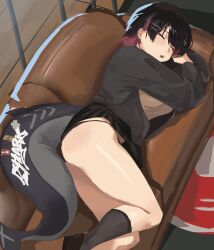  absurdres black_hair black_jacket black_panties black_socks breasts brown_shirt chequ_(chequayveon) closed_eyes colored_inner_hair couch ellen_joe female fins fish_tail highres indoors jacket large_breasts lying multicolored_hair on_back on_couch open_mouth panties red_hair shark_girl shark_tail sharp_teeth shirt short_hair sleeping socks solo tail teeth thighs two-tone_hair underwear zenless_zone_zero 
