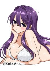  bare_arms bikini blush breasts cleavage commentary_request doki_doki_literature_club female hair_between_eyes highres large_breasts long_hair looking_at_viewer lying mochachoco on_stomach parted_lips purple_eyes sidelocks simple_background solo swimsuit twitter_username white_background white_bikini yuri_(doki_doki_literature_club) 