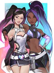  2girls absurdres anran_(overwatch) breasts cleavage dark-skinned_female dark_skin foxo_foxo gloves highres le_sserafim long_hair looking_at_viewer multicolored_hair multiple_girls overwatch ponytail sierra_(overwatch) small_breasts 