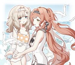 2girls alternate_costume bare_shoulders bikini bird black_bow black_bowtie blue_eyes bow bowtie checkered_hairband chinese_commentary commentary_request cowboy_shot freckles from_side green_eyes grey_hair grey_sailor_collar hair_intakes hairband highres holding jacket looking_at_another matilda_bouanich multiple_girls ocean official_alternate_costume one-piece_swimsuit one_side_up orange_hair polka_dot polka_dot_bikini reverse:1999 sailor_collar sailor_one-piece_swimsuit see-through_clothes see-through_jacket shell sonetto_(reverse:1999) swimsuit twintails white_bird white_one-piece_swimsuit wudi_xiao_shibing yellow_bikini 