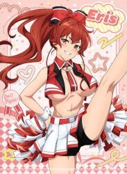  ahoge artist_request breasts cheerleader cleavage eris_greyrat eris_greyrat_(adult) female large_breasts long_hair looking_at_viewer merchandise_available miniskirt mushoku_tensei official_art pom_pom_(cheerleading) ponytail red_hair skirt smile solo thighs 