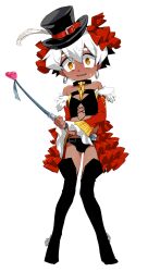  1boy alternate_costume belt black_boots black_hair black_panties blush boots commentary_request constricted_pupils crossdressing crossdressing_(mtf) dark-skinned_male dark_hunter_(sekaiju) dark_hunter_3 dark_skin full_body hair_between_eyes hat hat_belt highres holding male_focus navel nervous_smile open_mouth panties red_belt sekaiju_no_meikyuu sekaiju_no_meikyuu_1 simple_background smile solo suno_(imydream) sweat thigh_boots top_hat underwear white_background white_hair yellow_eyes 