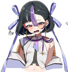  armpit_crease arms_at_sides asymmetrical_bangs black_hair blue_ribbon blush bob_cut breasts chibi chibi_inset commentary_request crop_top cropped_torso earrings female goddess_of_victory:_nikke hair_between_eyes hair_ribbon half-closed_eyes jacket jewelry korean_commentary looking_at_viewer mole mole_under_eye multicolored_hair navel necktie nervous nervous_sweating oerba_yun_fang off_shoulder open_mouth purple_eyes purple_necktie purple_streaks raised_inner_eyebrows ribbon sexyping shirt short_hair short_necktie simple_background sleeveless sleeveless_shirt small_breasts solo_focus stomach streaked_hair sweat syuen_(nikke) teeth tie_clip upper_body white_background white_jacket white_shirt 
