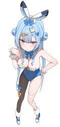  absurdres animal_ears arahashi_tabi asymmetrical_legwear bare_shoulders black_pantyhose blue_bow blue_bowtie blue_eyes blue_leotard blue_shoes bow bowtie breasts chest_bow closed_mouth colored_inner_animal_ears commentary covered_navel double_bun fake_animal_ears female fishnet_thighhighs fishnets flower frilled_thighhighs frilled_wrist_cuffs frills from_above hair_bun hair_flower hair_intakes hair_ornament hairbow hand_on_own_hip hand_up heart heart_hair_ornament highres large_breasts leg_bow leotard light_blush long_hair long_sidelocks looking_at_viewer mismatched_legwear multicolored_hair nontraditional_playboy_bunny orange_bow pantyhose pigeon-toed pom_pom_(clothes) pom_pom_hair_ornament rabbit_ears rabbit_hair_ornament seuhu shoes sidelocks simple_background solo stellive strapless strapless_leotard streaked_hair thighhighs twintails very_long_hair virtual_youtuber white_background white_streaks white_thighhighs wrist_cuffs 