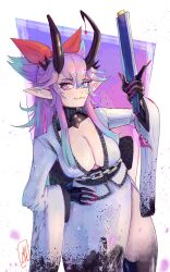 absurdres black_hands blue_eyes blue_hair boutsoftheblind breasts cleavage colored_extremities cottontail_(vtuber) demon_girl female gradient_hair heterochromia highres horns indie_virtual_youtuber japanese_clothes kimono large_breasts long_hair looking_at_viewer multicolored_hair multiple_horns pink_nails purple_eyes purple_hair solo thighs virtual_youtuber white_kimono 