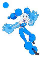  absurdres animal_hands black_socks blue_eyes blue_gloves blue_hair blue_pants blue_shirt breasts circle cleavage commentary crop_top female floating_hair gloves hair_ornament hand_up highres jikon_(jikooonf) looking_at_viewer midriff no_shoes original pants parted_lips paw_gloves see-through_clothes see-through_gloves shirt short_eyebrows short_hair simple_background smile socks solo sphere_hair_ornament strapless strapless_shirt twintails untranslatable_commentary white_background 