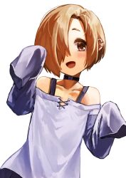  absurdres asagi666c black_choker blonde_hair bra_strap brown_eyes brown_hair choker commentary ear_piercing female hair_over_one_eye highres idolmaster idolmaster_cinderella_girls long_sleeves looking_at_viewer off-shoulder_shirt off_shoulder open_mouth piercing purple_shirt shirasaka_koume shirt short_hair simple_background sleeves_past_fingers sleeves_past_wrists smile solo untranslatable_commentary upper_body white_background 
