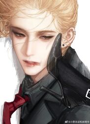  1boy absurdres black_jacket black_shoes black_socks blonde_hair brown_eyes chinese_commentary commentary_request earrings female femdom foot_on_another's_face high_heels highres jacket jewelry lapels lipstick looking_at_viewer looking_to_the_side makeup male_focus mole mole_above_eye mole_under_eye mole_under_mouth multiple_earrings multiple_moles necktie notched_lapels original parted_lips portrait red_necktie shoes simple_background smeared_lipstick socks solo_focus stepped_on stud_earrings teeth watermark weibo_watermark white_background xiaoye_yong_dongji_guzhang_zhong 