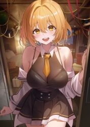  absurdres ahoge armpit_crease bare_shoulders black_shirt black_skirt blonde_hair bodysuit breasts brown_bodysuit camisole cleavage commentary_request commission cowboy_shot female haru_estia highres indoors jacket korean_commentary large_breasts looking_at_viewer miniskirt necktie off_shoulder okkimon open_mouth pleated_skirt see-through_cleavage see-through_clothes shirt shirt_tucked_in short_hair short_necktie skeb_commission skirt sleeveless sleeveless_shirt smile solo soulworker spaghetti_strap white_jacket wing_collar yellow_eyes 