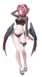  absurdres bikini bikini_top_under_shirt bikini_under_clothes black_bikini black_bow black_shirt black_wings bottle bow breasts cleavage closed_eyes commentary decycb6 eyewear_on_head feathered_wings female full_body halterneck hand_on_own_head highres holding holding_bottle large_breasts looking_at_viewer low_wings medium_hair multicolored_hair navel pink_hair pointy_ears purple_eyes remielle_dan remielle_dan_(moonlight_whispers) sandals see-through_clothes see-through_shirt shirt side-tie_bikini_bottom simple_background solo stomach sunglasses swimsuit thigh_strap untranslatable_commentary white_background wings zenless_zone_zero 