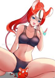  :d animal_ear_fluff animal_ears black_bra black_panties black_streaks blue_eyes bow bra breasts double-parted_bangs female hair_between_eyes hakos_baelz hand_up high_ponytail highres hololive hololive_english knees_out_of_frame linea_alba long_hair medium_breasts mouse_ears mouse_girl mouse_tail mr._squeaks_(hakos_baelz) multicolored_hair navel open_mouth orihimestudio panties ponytail red_hair simple_background smile solo squatting stomach streaked_hair tail tail_bow tail_ornament underwear underwear_only virtual_youtuber white_background white_streaks 