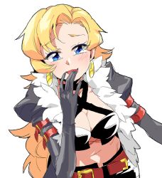  arm_belt belt belt_buckle black_coat blonde_hair blue_eyes breasts buckle cleavage coat commentary_request dark_hunter_(sekaiju) dark_hunter_2 earrings female hand_to_own_mouth jewelry long_hair looking_at_viewer medium_breasts navel parted_bangs purple_eyes red_belt sekaiju_no_meikyuu sekaiju_no_meikyuu_1 simple_background smile solo suno_(imydream) white_background 
