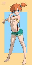  absurdres barefoot blue_background blue_eyes blush border breasts commentary english_commentary feet female full_body green_shorts hair_tie highres kasumi_(pokemon) legs light_blush light_smile midriff navel orange_hair outside_border patreon_username pokemon pokemon_(anime) pokemon_(classic_anime) short_hair short_shorts short_side_ponytail shorts side_ponytail simple_background small_breasts smile solo standing stretching suspender_shorts suspenders tank_top underboob undrsydr yellow_border yellow_tank_top 