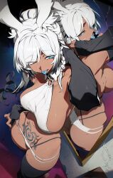  2girls against_mirror animal_ears ass bebiya_(vtuber) black_gloves blue_eyes blue_tongue breasts collar colored_tongue commentary dark-skinned_female dark_skin different_reflection elbow_gloves gloves hata4564 highleg highleg_panties highres indie_virtual_youtuber large_breasts medium_hair mirror mole mole_on_ass mole_under_breast mole_under_eye multiple_girls nail_polish navel panties piercing pubic_tattoo reflection shorts symmetry tattoo thighhighs tongue tongue_out tongue_piercing underwear white_hair 