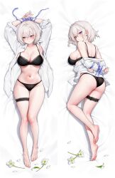  armpits arms_behind_back arms_up ass bare_legs bare_shoulders barefoot black_bra black_panties bound bound_wrists bra braid breasts chano39 cleavage closed_mouth collared_shirt embarrassed female flower frilled_thigh_strap from_behind highres large_breasts long_sleeves looking_at_viewer looking_to_the_side multiple_views navel open_clothes open_shirt original panties purple_eyes purple_ribbon ribbon shirt short_hair sideboob spaghetti_strap stomach string_bra sweat thigh_strap thighs underwear white_hair white_shirt 