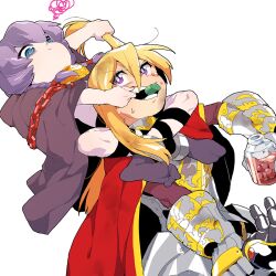  1boy 2girls @_@ alchemist_(sekaiju) alchemist_4_(sekaiju) cape chains cloak commentary_request curse_maker curse_maker_2 dutch_angle gauntlets grabbing_another's_hair hair_between_eyes holding holding_another's_hair holding_another's_wrist holding_jar jar leg_wrap long_hair mouth_hold multiple_girls open_mouth out_of_frame purple_hair purple_socks red_cape sekaiju_no_meikyuu shin_sekaiju_no_meikyuu_2 sidelocks simple_background socks sovereign_(sekaiju) sovereign_3_(sekaiju) suno_(imydream) sweat white_background 
