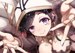  black_hair breasts brown_eyes closed_mouth commentary_request female highres jewelry kyukyutto_(denryoku_hatsuden) large_breasts long_hair looking_at_viewer magical_girl mahou_shoujo_ikusei_keikaku mahou_shoujo_ikusei_keikaku_limited pity_frederica purple_nails ring smile star_ornament white_hood 