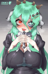  absurdres animal_ears bell black_dress black_sclera breasts cleavage coffin_hair_ornament colored_sclera cow_ears cow_girl cow_horns cowbell crelly crelly_(mold_mother) cross cross-shaped_pupils dress female green_hair grey_sclera heterochromia highres horns indie_virtual_youtuber large_breasts long_hair makeup mismatched_pupils mismatched_sclera mold neon_luminous red_eyes runny_makeup solo symbol-shaped_pupils virtual_youtuber 