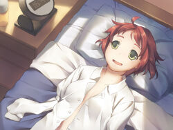  alarm_clock amputee armless_amputee artist_request breasts clock double_amputee female game_cg green_eyes katawa_shoujo lying no_bra non-web_source official_art on_back on_bed open_clothes open_mouth open_shirt pillow red_hair shirt short_hair sleeve_tied_shut smile solo tezuka_rin upper_body white_shirt 