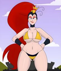  1girls antennae belly_button big_breasts bikini bikini_bottom bikini_top breasts comical_weapon crown earthworm_jim_(franchise) eyebrows_raised eyeshadow female hands_on_hips humanoid light-skinned_female princess_what&#039;s-her-name red_eyeshadow red_hair seductive_look seductive_smile smile stomach thick_thighs thigh_gap wide_hips 