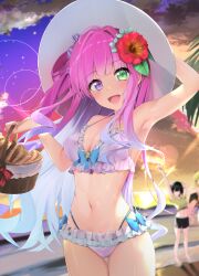  3girls ahoge arm_behind_head armpits basket bikini blue_bow blue_hair blurry blurry_background blush bow breasts cloud evening flower frilled_bikini frills gradient_hair green_eyes hair_flower hair_ornament hairbow hat heterochromia hibiscus highleg highleg_bikini highres himemori_luna hololive lens_flare light_blue_hair long_hair looking_at_viewer medium_breasts multi-strapped_bikini_bottom multicolored_hair multiple_girls navel oozora_subaru open_mouth picnic_basket pink_bikini pink_hair purple_eyes purple_hair sinrin_uo smile solo_focus stomach sun_hat swimsuit very_long_hair virtual_youtuber white_hat yuzuki_choco 