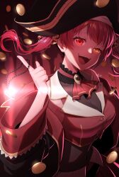  ascot belt bicorne black_coat black_hat breasts buttons cleavage coat coin commentary_request cropped_jacket dead_ma&#039;am&#039;s_chest_(houshou_marine) evil_smile female frilled_shirt_collar frills glowing glowing_eyes gold_coin gold_trim hat heterochromia highres hololive houshou_marine houshou_marine_(1st_costume) index_finger_raised jacket jewelry lapel_pin lapels large_breasts leotard leotard_under_clothes long_hair looking_at_viewer naruse_udon necklace no_eyepatch no_gloves notched_lapels off_shoulder open_mouth pirate_hat pleated_skirt red_ascot red_eyes red_hair red_jacket red_skirt see-through see-through_cleavage see-through_leotard see-through_midriff sharp_teeth skirt sleeveless sleeveless_jacket smile solo teeth twintails unworn_jewelry unworn_necklace virtual_youtuber yellow_eyes 