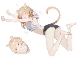  animal_ears ass barefoot black_shorts breasts cat_ears cat_girl cat_tail chibi closed_eyes closed_mouth crop_top female genshin_impact highres kemonomimi_mode light_brown_hair lumine_(genshin_impact) multiple_views open_mouth shirt short_shorts shorts simple_background sleeping sleeveless sleeveless_shirt stomach stretching tail umenoume white_background white_shirt 