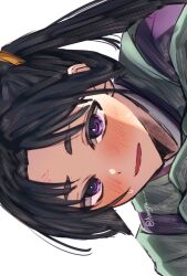  1boy anger_vein black_hair blush close-up hey_i_could_have_died_(meme) highres houjou_tokiyuki_(nige_jouzu_no_wakagimi) japanese_clothes kariginu looking_at_viewer looking_up male_focus meme mofubii narrowed_eyes naughty_face nige_jouzu_no_wakagimi parted_bangs parted_lips purple_eyes raised_eyebrow scene_reference sidelocks_tied_back sideways simple_background solo sweat twitter_username white_background 