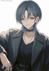  belt black_belt black_collar black_pants black_shirt blue_hair collar earrings female grey_eyes grey_jacket highres hiodoshi_ao hololive hololive_dev_is jacket jewelry looking_at_viewer mole mole_under_mouth necklace pants parted_bangs ring shirt simple_background smile solo tomatoketchup96 virtual_youtuber white_background wolf_cut 