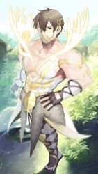  1boy abs antlers bara biceps brown_eyes brown_hair deer_antlers deer_boy eikthyrnir_(fire_emblem) fingerless_gloves fire_emblem fire_emblem_heroes gloves glowing_antlers highres horns ikura_(downdexp) large_pectorals looking_at_viewer male_focus mask mouth_mask muscular muscular_male pectorals short_hair solo 