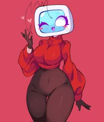  antennae big_breasts blush cropped_sweater cute gazericc gloves leggings light-skinned_female miyu_(rox_hoxten) original_character safe slightly_chubby thick_thighs tv_head 