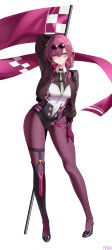  absurdres alternate_costume arm_up black_footwear blush breasts chinese_commentary commentary_request eyewear_on_head feifu female flag full_body highres honkai:_star_rail honkai_(series) incredibly_absurdres jacket kafka_(honkai:_star_rail) looking_at_viewer open_clothes open_jacket pantyhose purple_eyes purple_hair purple_jacket purple_pantyhose simple_background smile solo standing sunglasses thighs white_background 