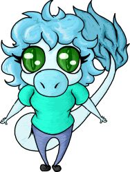  alpha_channel anthro blue_body blue_hair cavemanon_studios clothed clothing dinosaur faustanon female fooly_cooly_(snoot_game) front_view green_eyes hair kubrick_stare prehistoric_species pupils reptile scalie simple_background slit_pupils snoot_game solo transparent_background 