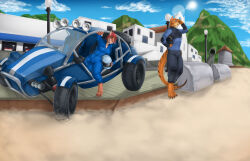  2024 4_toes 5_fingers anthro armor barefoot beach blue_eyes blue_sky breasts brown_body brown_fur brown_hair brown_nose brown_stripes car chicane_(gameroo) claws clothed clothed_anthro clothed_female clothed_male clothing dasyuromorph day dune_buggy duo feet female finger_claws fingers fully_clothed fully_clothed_anthro fully_clothed_female fully_clothed_male fur hair hamili headgear helmet hi_res hindpaw holding_armor holding_headgear holding_helmet holding_object humanoid_hands jumpsuit kangaroo macropod male mammal marsupial orange_body orange_fur outside paws recently_extinct_species sand sitting sky smile standing striped_body striped_fur stripes tail thylacine toe_claws toes tyler_zine vehicle 