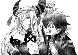  1boy asymmetrical_horns breasts dragon_girl eyebrow_piercing facial_tattoo female fire_emblem fire_emblem_engage greyscale griss_(fire_emblem) hair_ornament hair_over_one_eye highres horns illust_mi large_breasts lip_piercing looking_at_another looking_to_the_side mature_female monochrome multiple_piercings piercing pointy_ears tassel tassel_hair_ornament tattoo uneven_horns zephia_(fire_emblem) 