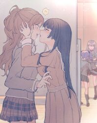  4girls bang_dream! black_hair blush brown_hair clothing female green_eyes hand_on_another&#039;s_head holding_head imai_lisa imminent_kiss kissing minato_yukina open_mouth passionate purple_eyes school_uniform shiontaso shirokane_rinko shirt skirt stunned sweat sweating udagawa_ako wholesome yuri 